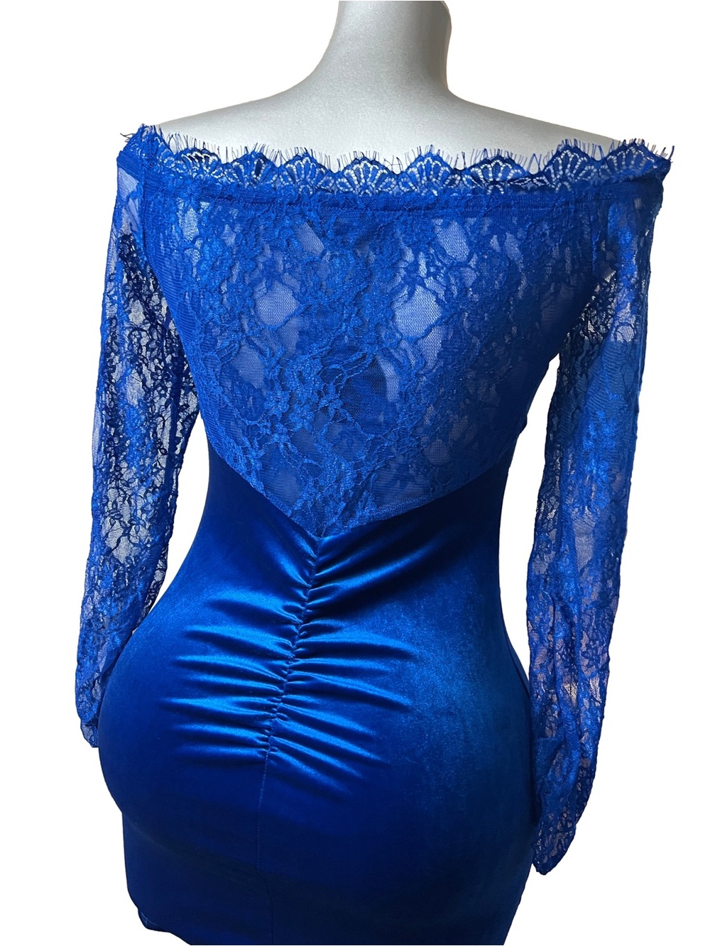 Royal Blue Off Shoulder Velour Lace Bodycon Mini Dress - Picture 9 of 10